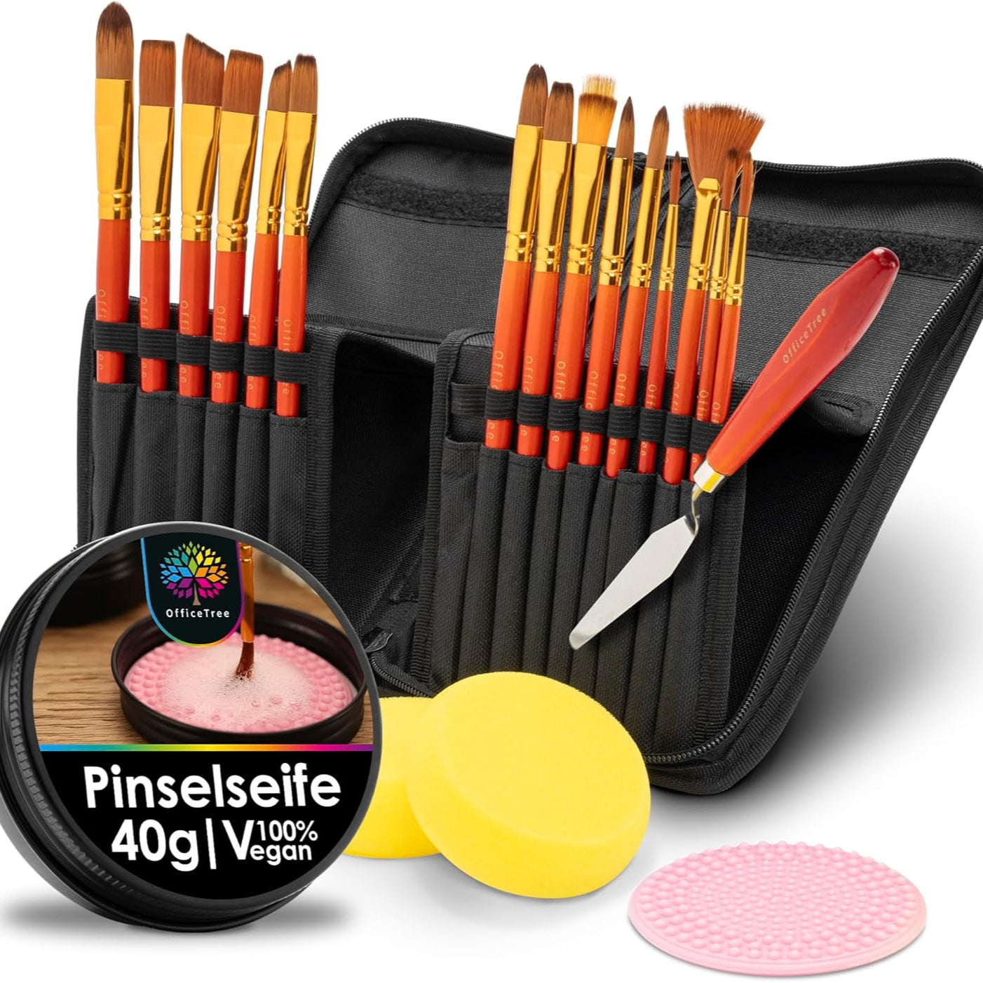 OfficeTree 20-Piece Acrylic Brush Set with Soap, Case, Palette Knife