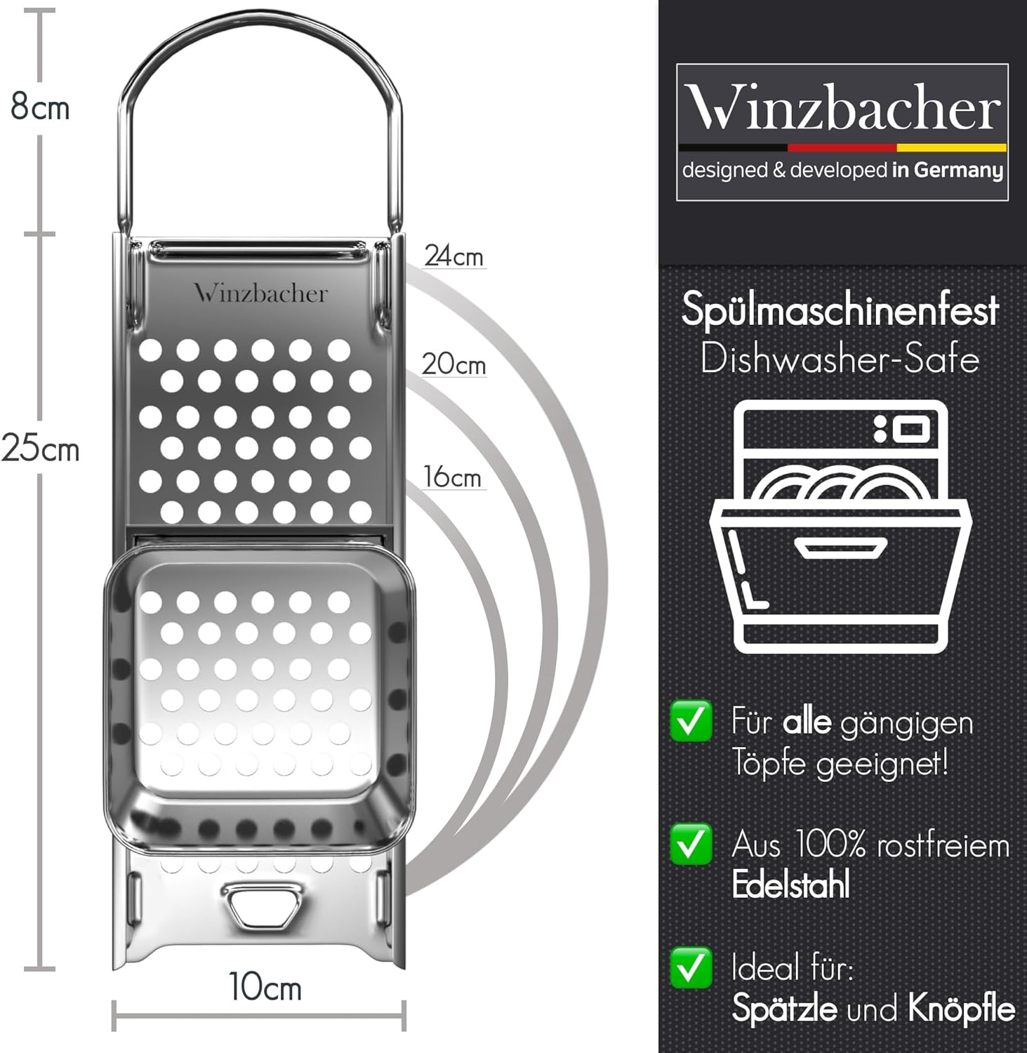 Stainless Steel Spaetzle Slicer + Ladle – 16‑30 cm Pot Diameter, Dishwasher Safe, Rustproof