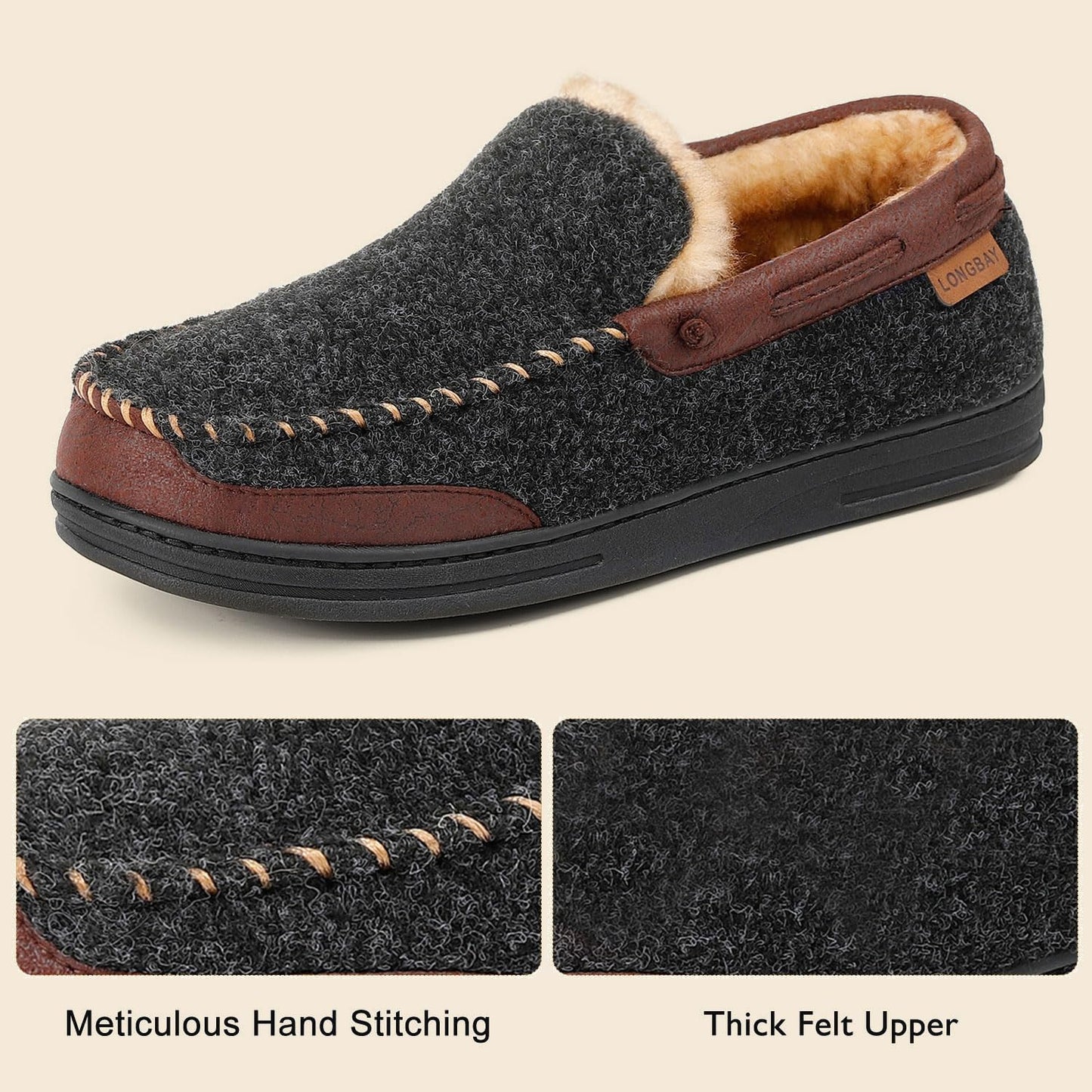 LongBay Men's Memory Foam Moccasin Slippers: Warm Indoor Outdoor Rubber Sole