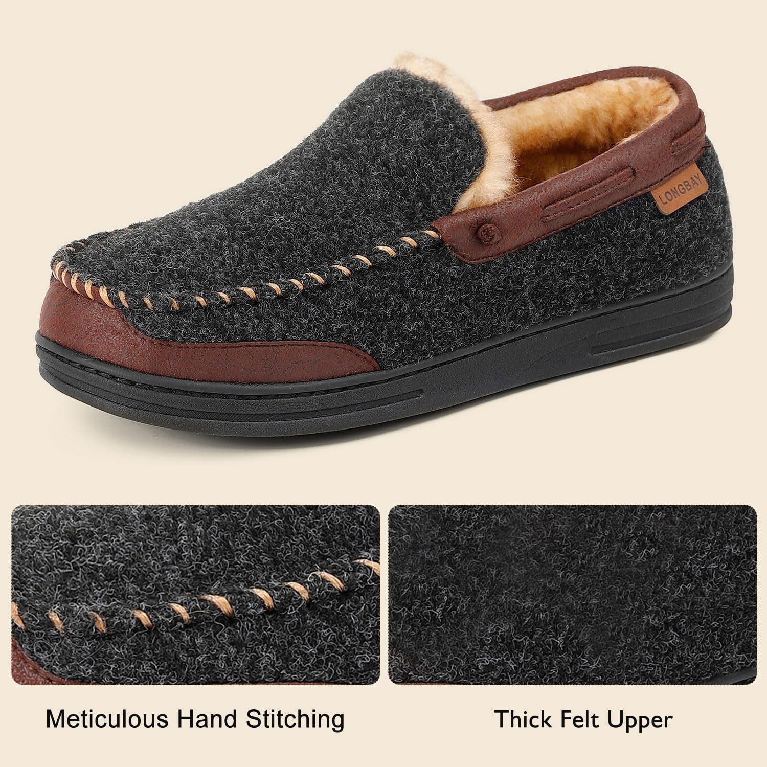 LongBay Men's Memory Foam Moccasin Slippers: Warm Indoor Outdoor Rubber Sole