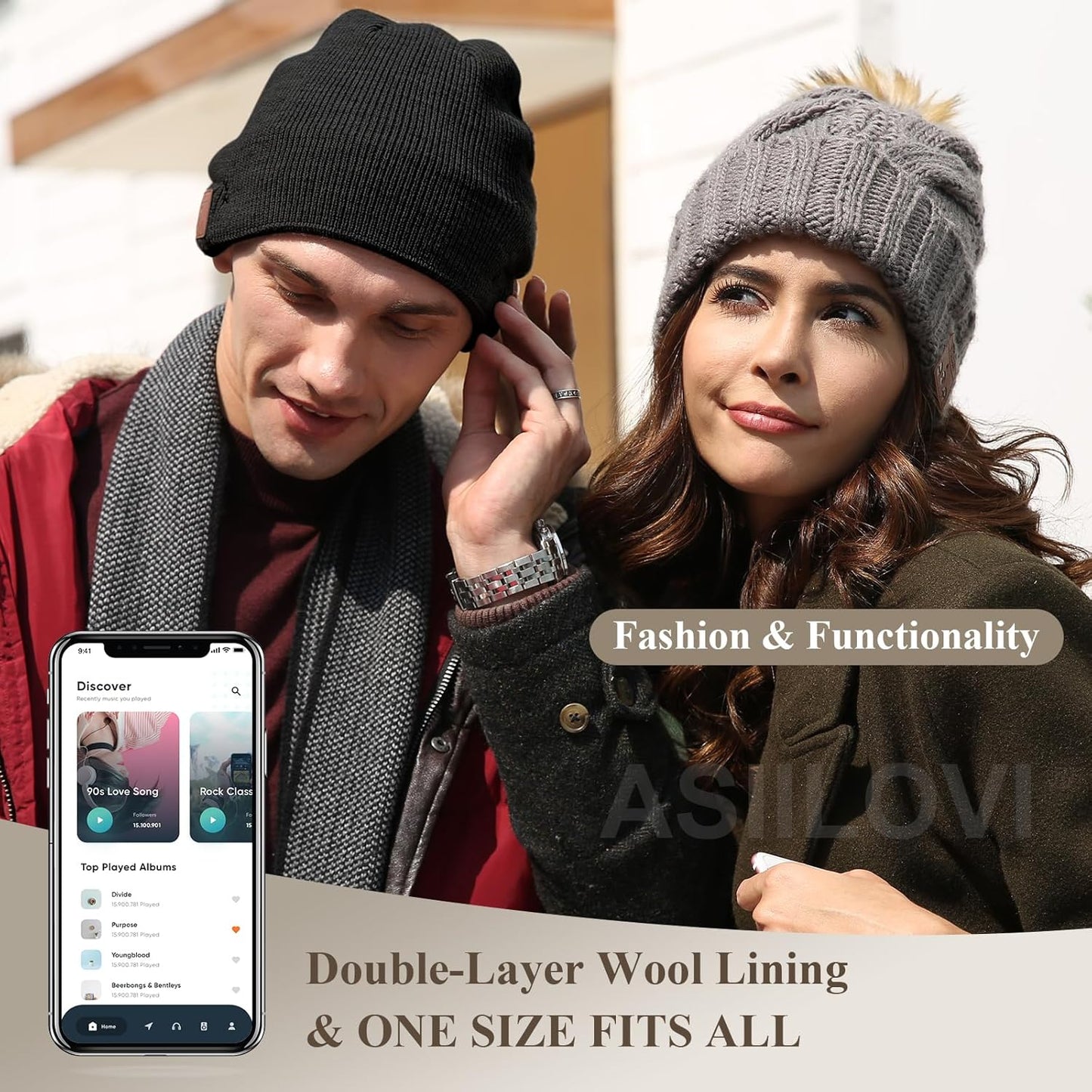 ASIILOVI Bluetooth Beanie with Double-Layer Wool Lining – Warm Wireless Headset