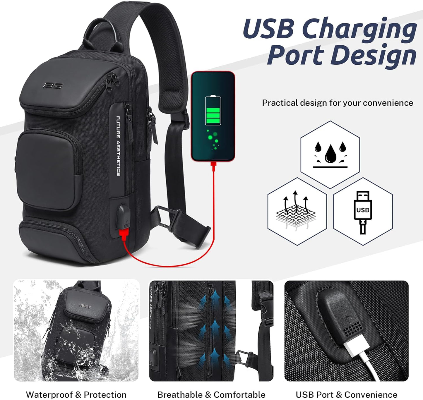 VARLIVOO Men's Waterproof USB Charging Sling Chest Bag for Tech & Travel