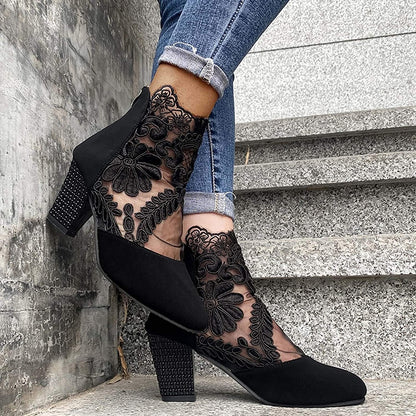 Women's Elegant Lace Ankle Boots - Breathable High Block Heel Booties