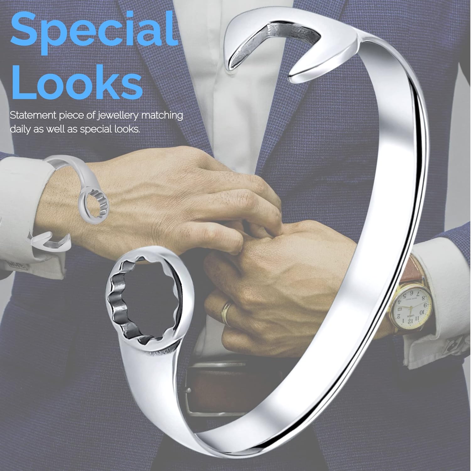 Men's Silver Spanner Bangle Bracelet: Unique Biker Vintage Tool Design
