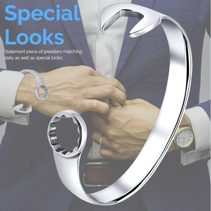 Men's Silver Spanner Bangle Bracelet: Unique Biker Vintage Tool Design