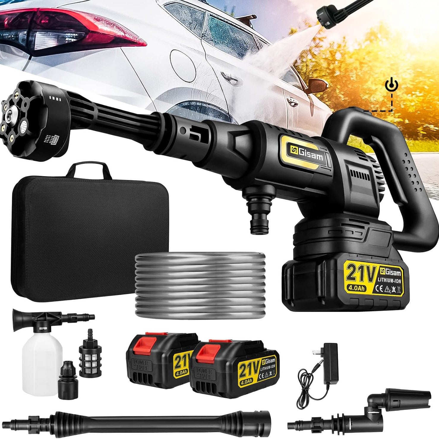 Gisam Battery-Powered Pressure Washer with 2 x 4.0Ah Batteries, 3‑Speed, 65 Bar, 6‑in‑1 Nozzle, 5 m Hose