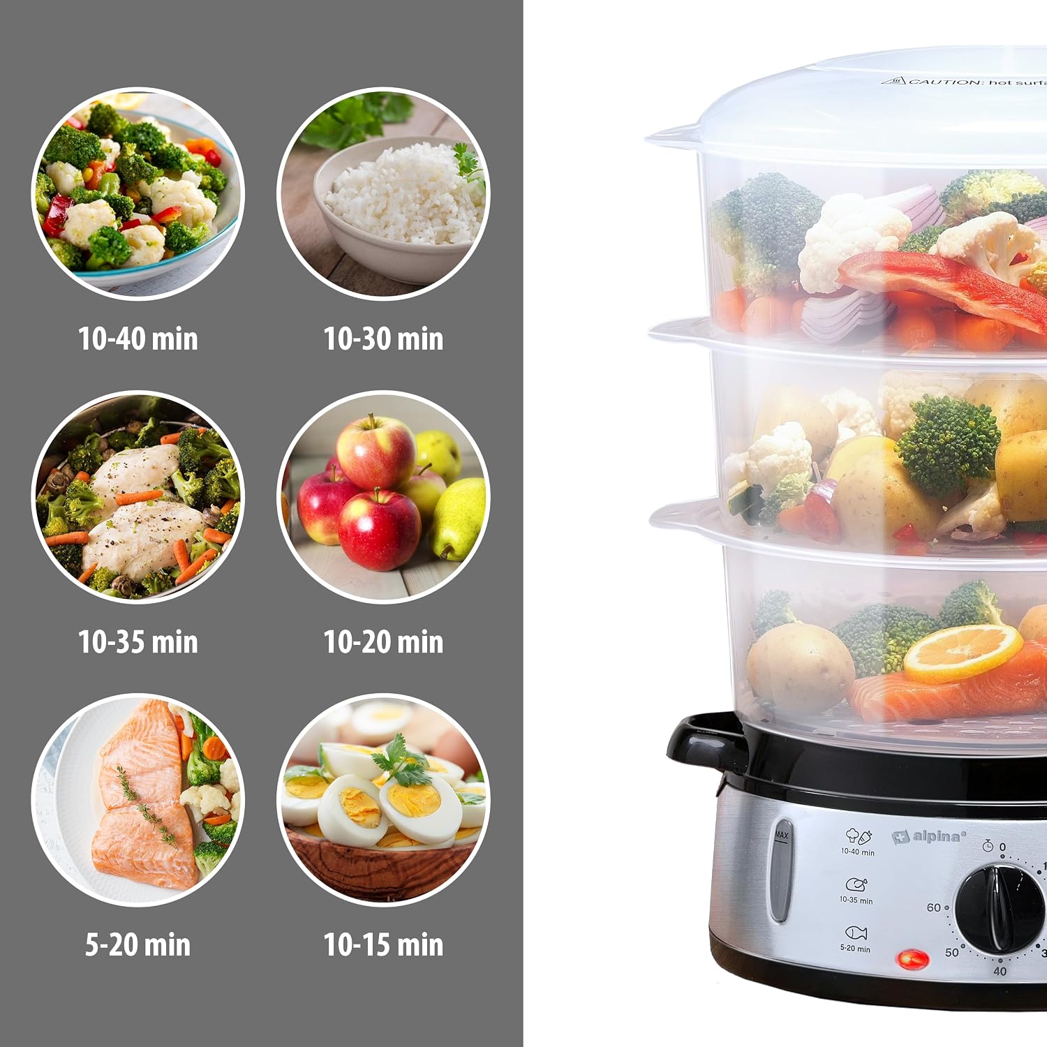 Alpina Food Steamer 230V 800W 3-Layer 9L Grey