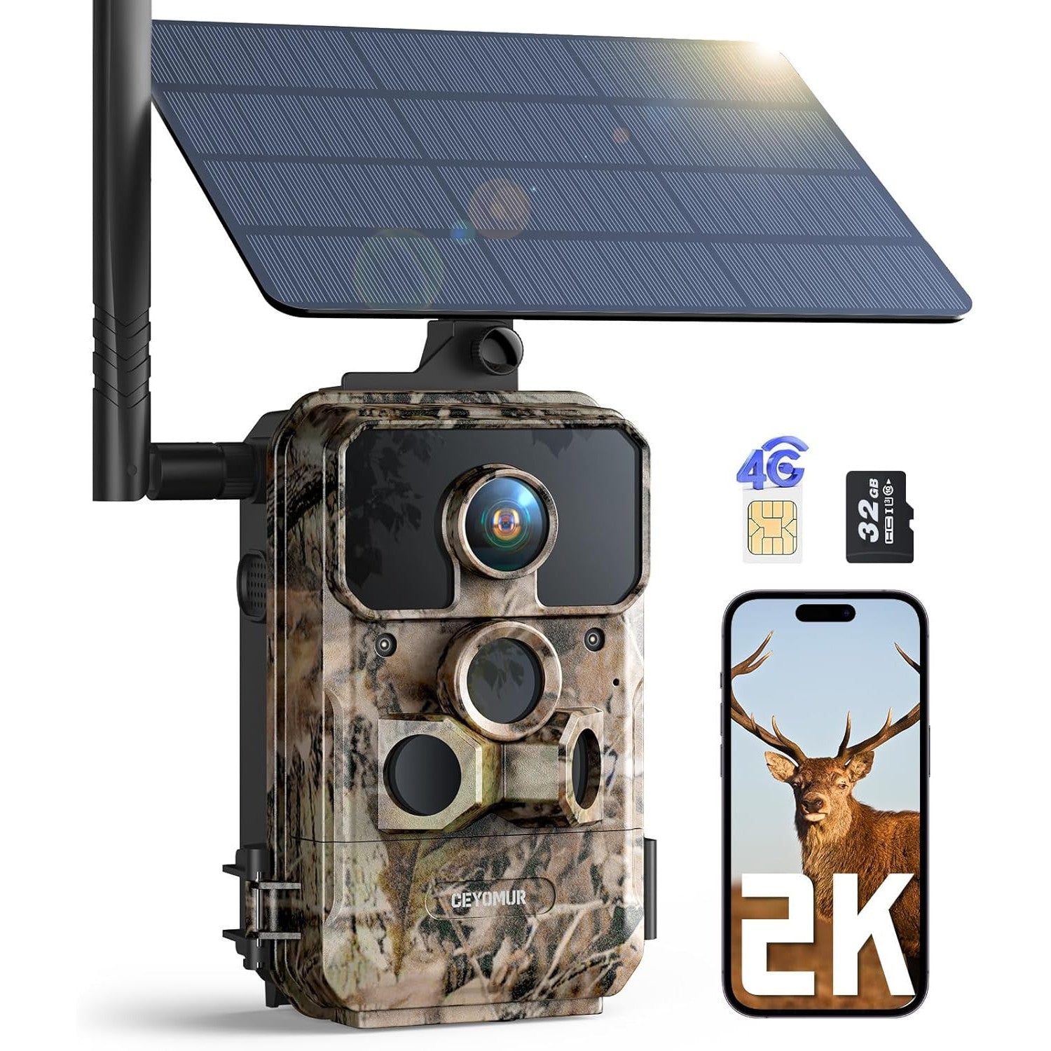 CEYOMUR 4G LTE Cellular Trail Camera: 2K HD Live Feed, Night Vision, Solar Powered