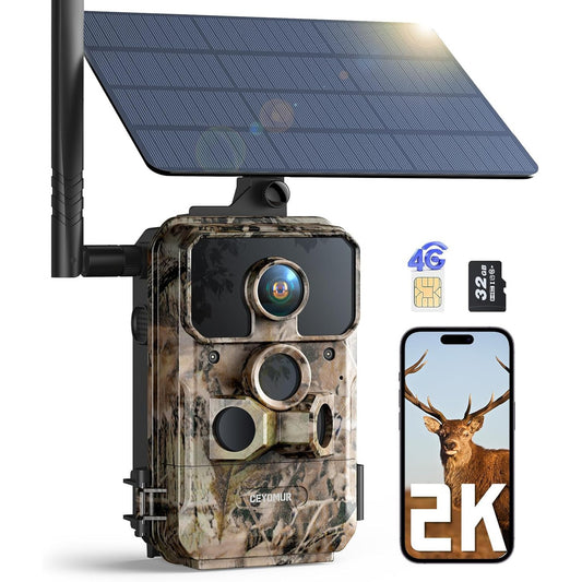 CEYOMUR 4G LTE Cellular Trail Camera: 2K HD Live Feed, Night Vision, Solar Powered