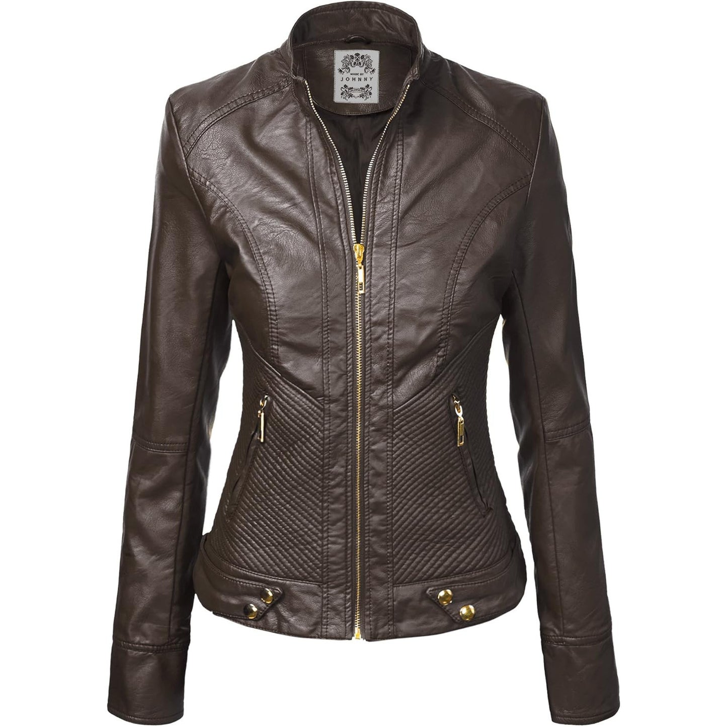 Made By Johnny Women's Vegan Leather Biker Jacket – Coffee XL