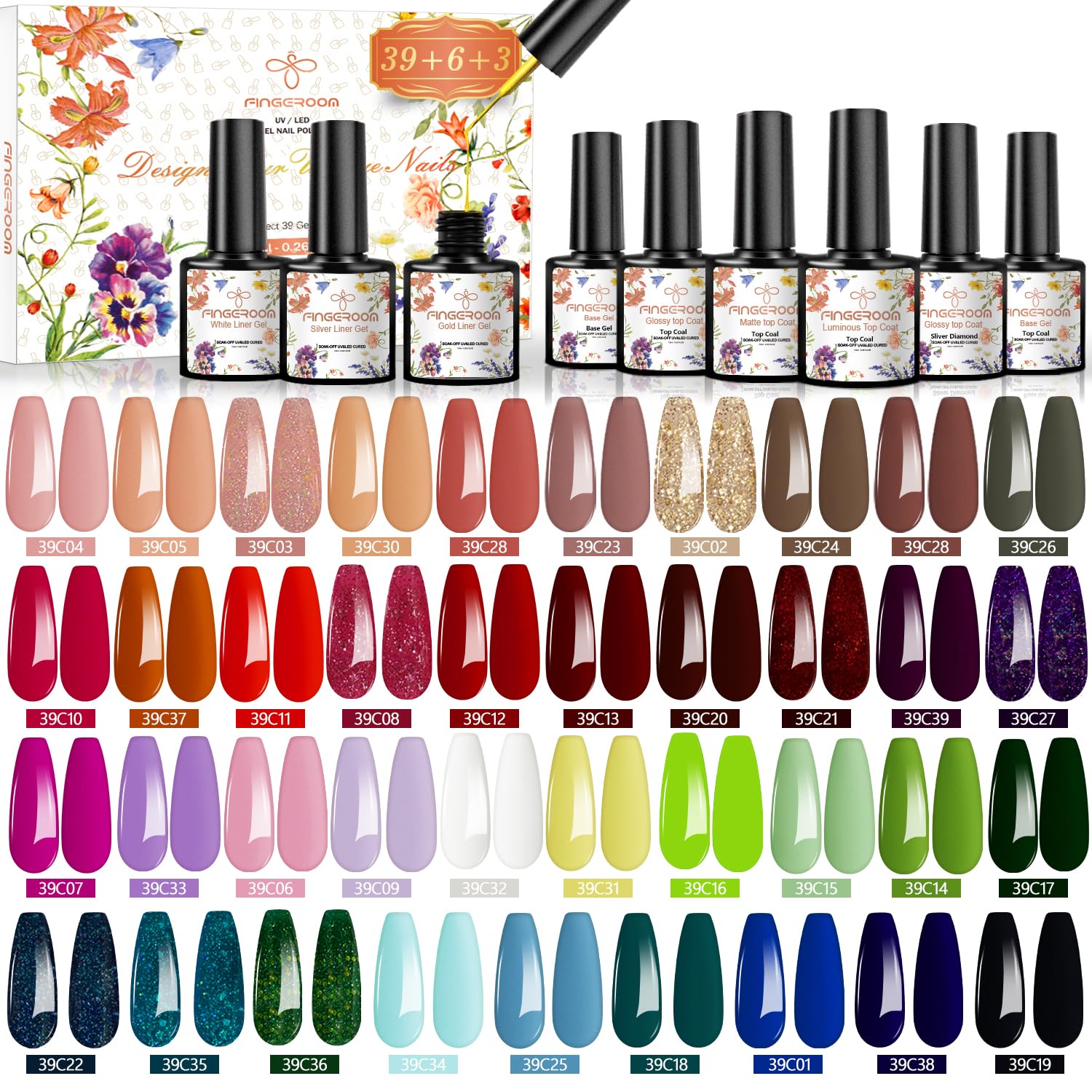 FINGEROOM 48‑Piece UV Gel Nail Polish Set with 5 Topcoats