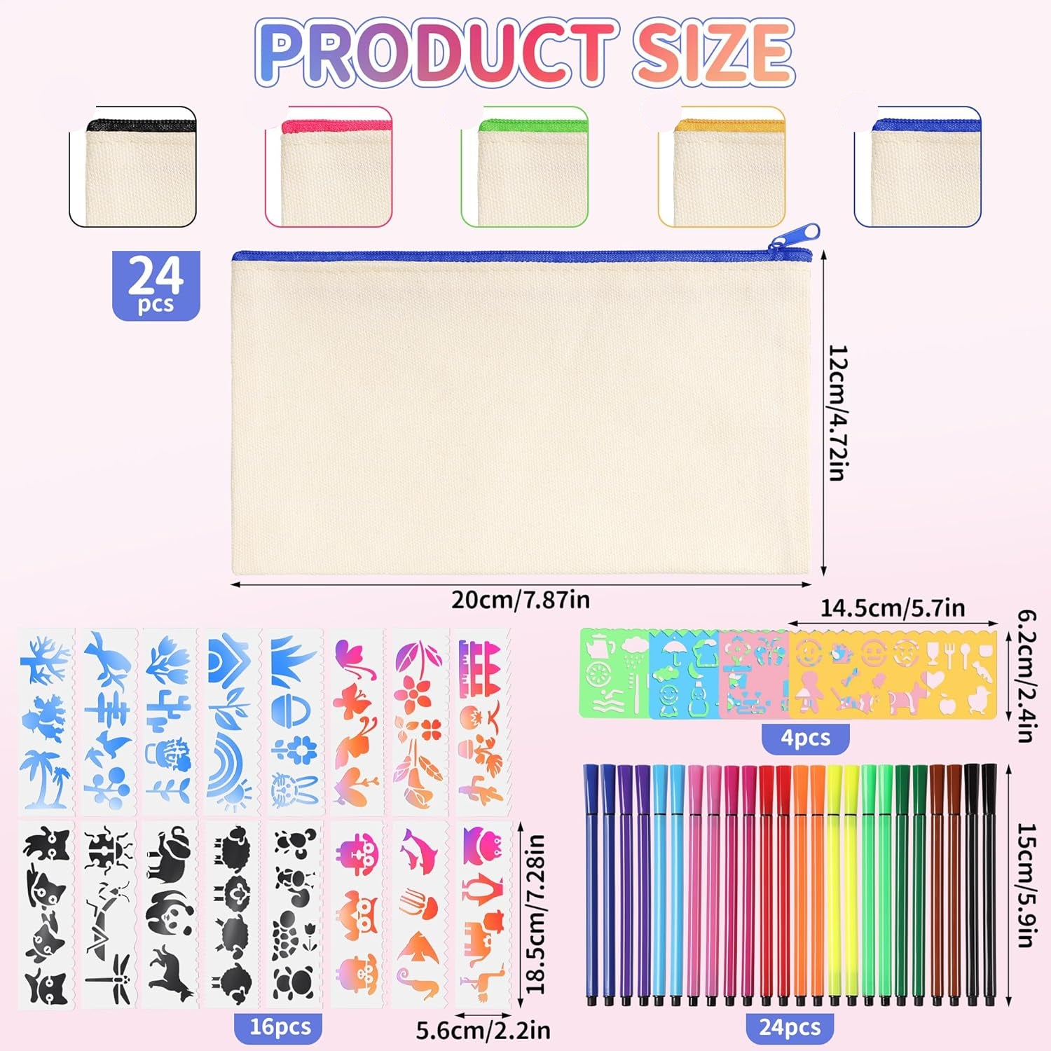 Wusboo 24‑Piece Canvas Tote Pencil Case DIY Craft Kit