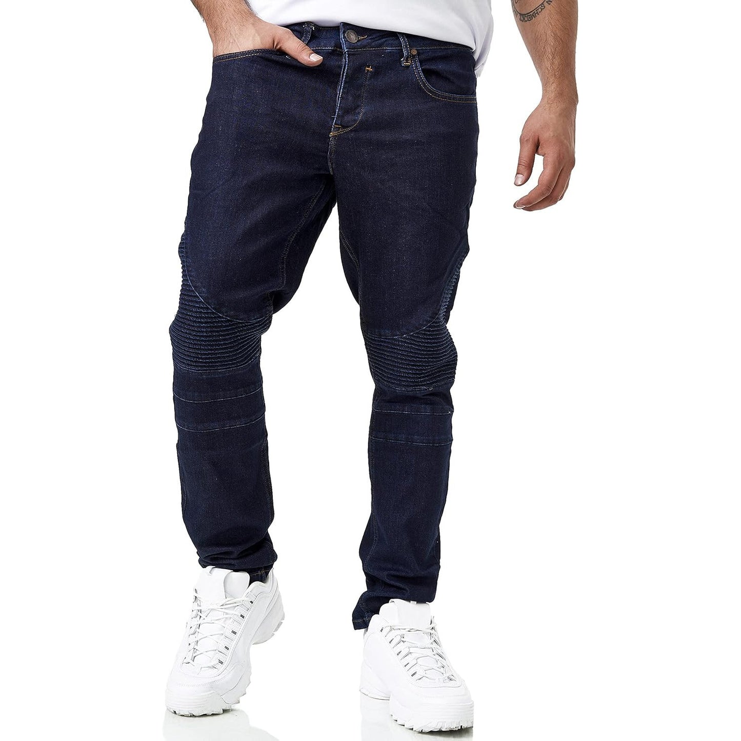 Elara Men's Slim Biker Jeans – Dark Blue Stretch Denim