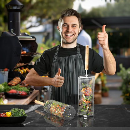 Rolling Grill Basket with Removable Wooden Handle, 304 Stainless Steel Nestable Set for Vegetables and Meats