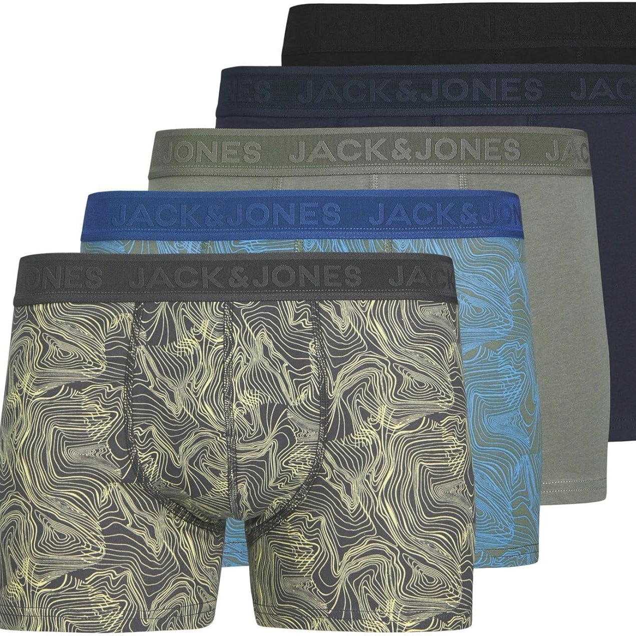 JACK & JONES Men's Jaccameron 5-Pack Cotton Blend Boxer Trunks - Soft & Stretchy