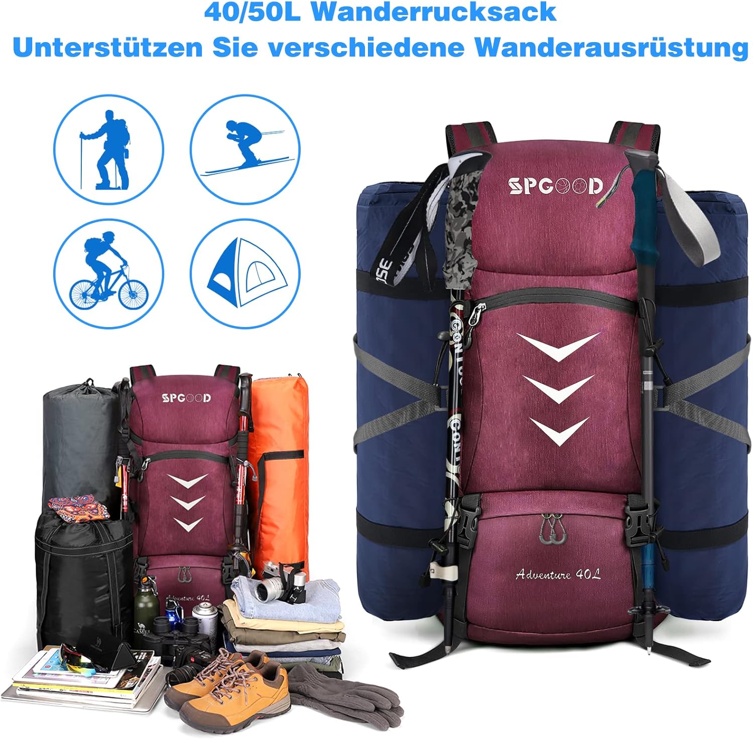 SPGOOD Unisex Waterproof Hiking Backpack 50L Large Capacity