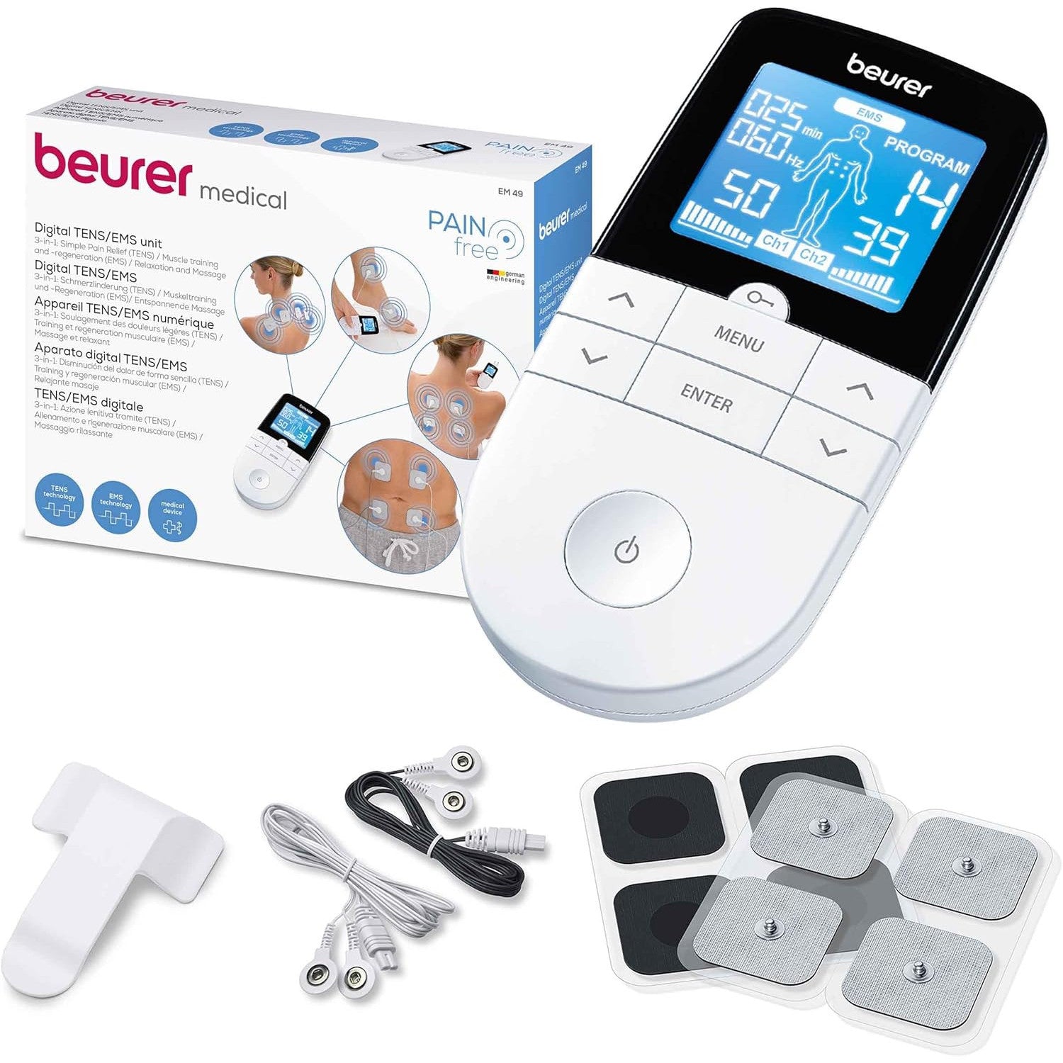 Beurer EM 49 Digital TENS EMS Unit: Pain Relief, Muscle Training, Massage, Electrodes