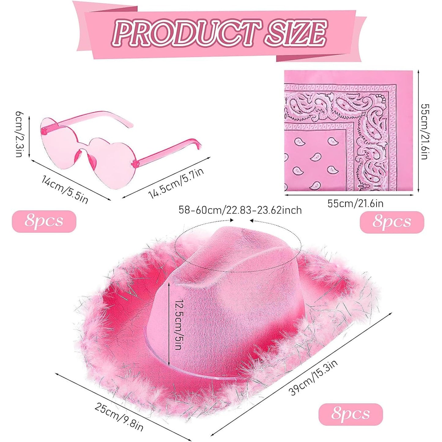 24 Pink Fluffy Feather Cowgirl Hats with Bandana & Heart Sunglasses