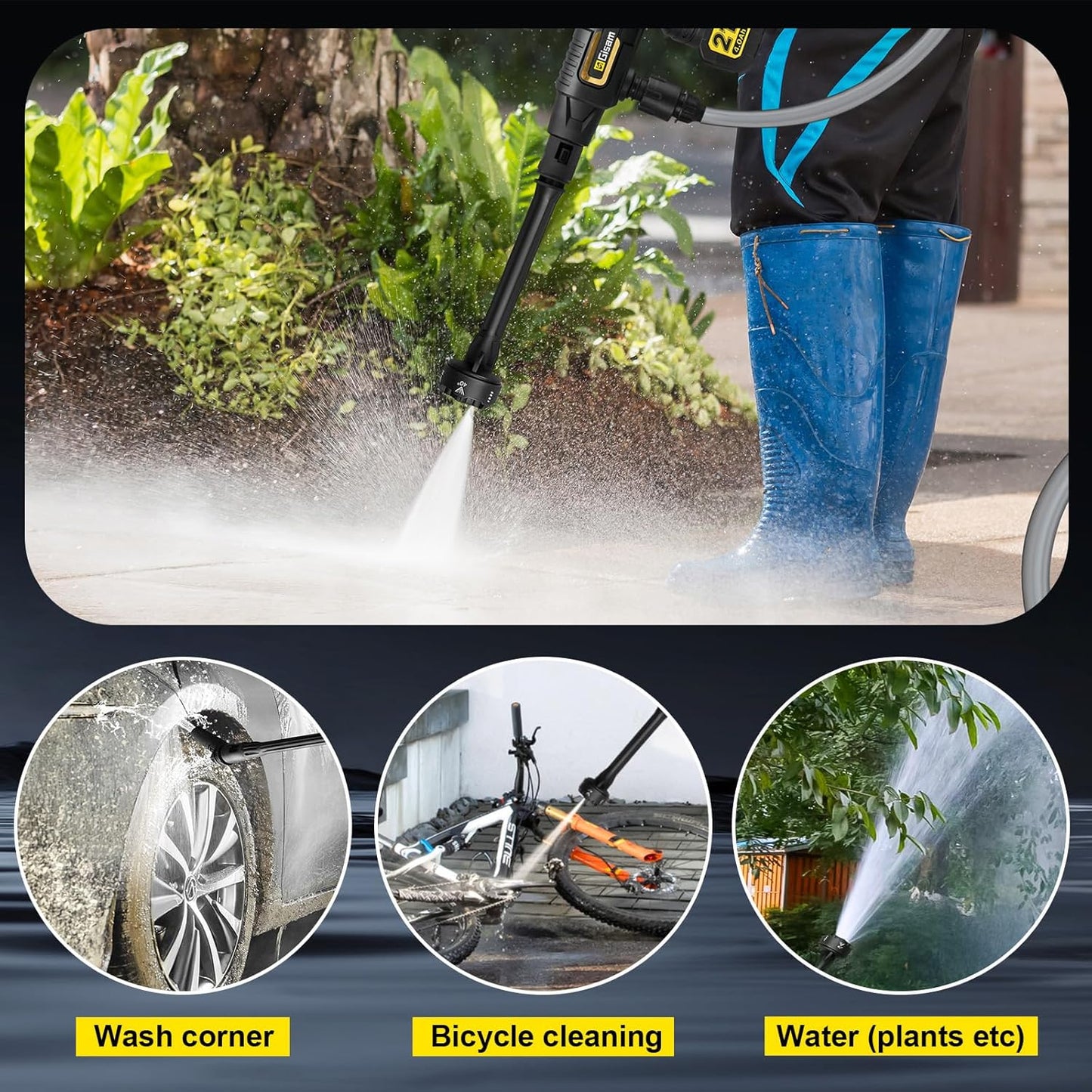 Gisam Battery-Powered Pressure Washer with 2 x 4.0Ah Batteries, 3‑Speed, 65 Bar, 6‑in‑1 Nozzle, 5 m Hose