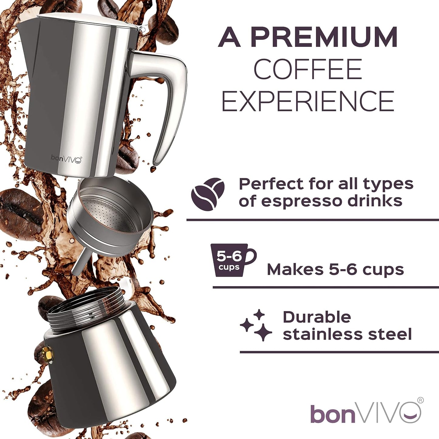 BonVIVO Moka Pot 6 Cup Stainless Steel Espresso Maker Silver Chrome