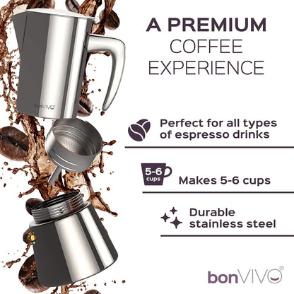 BonVIVO Moka Pot 6 Cup Stainless Steel Espresso Maker Silver Chrome