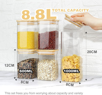 LIBWYS 12-Piece Square Glass Storage Jars with Bamboo Lids