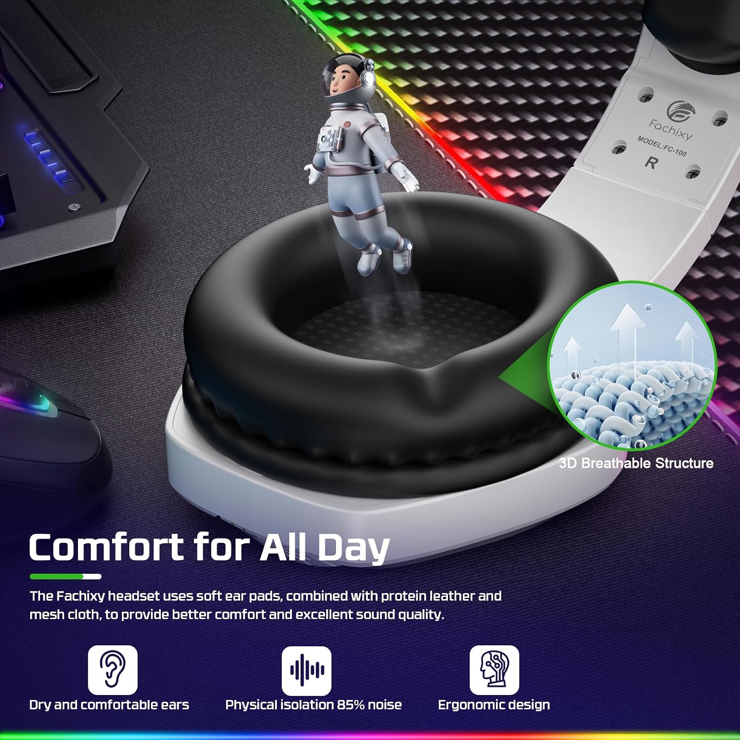 Fachixy FC100 Wired Over-Ear Gaming Headset with Microphone RGB Light White Black