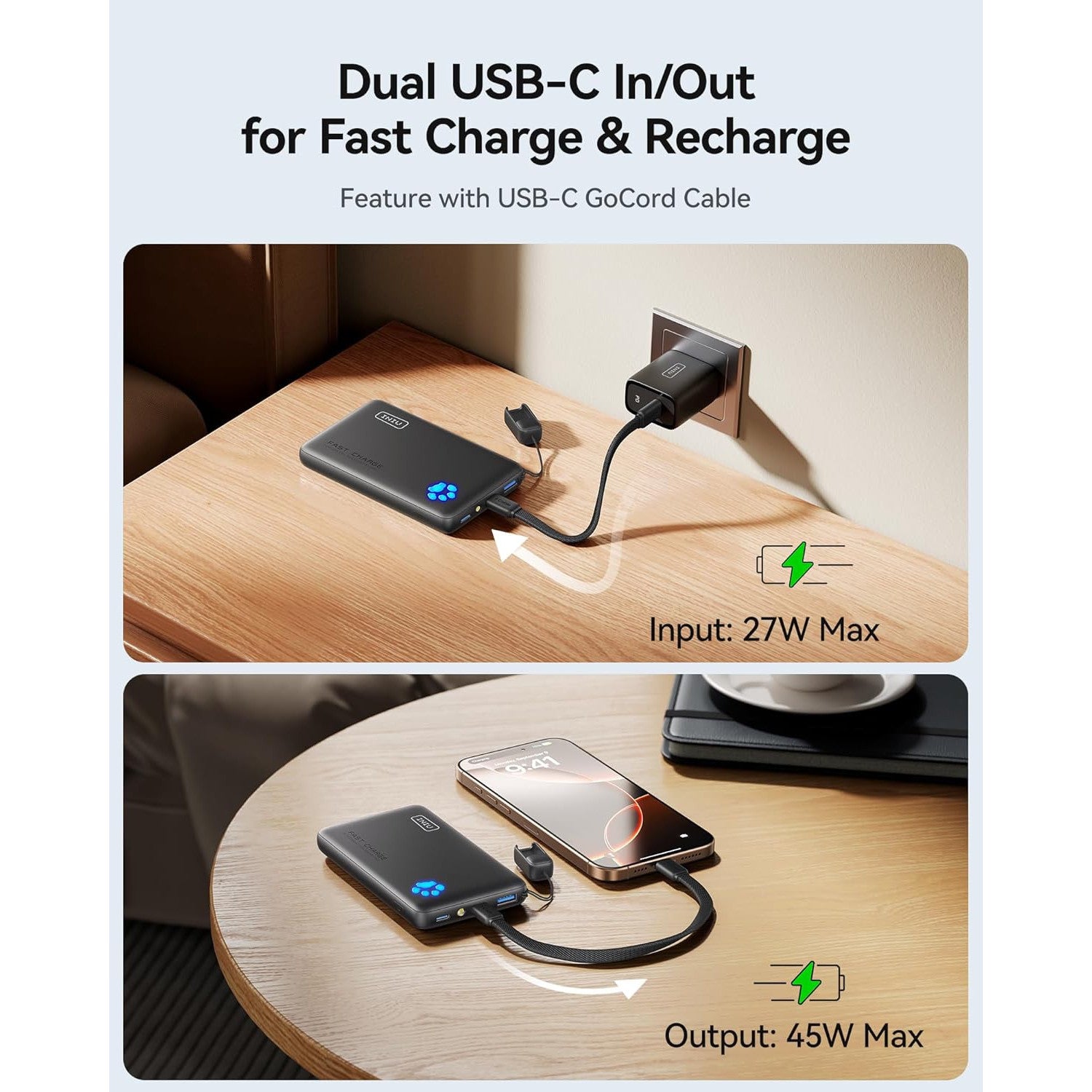 INIU Slim 10000mAh 45W PD Power Bank – Fast USB‑C, Beige