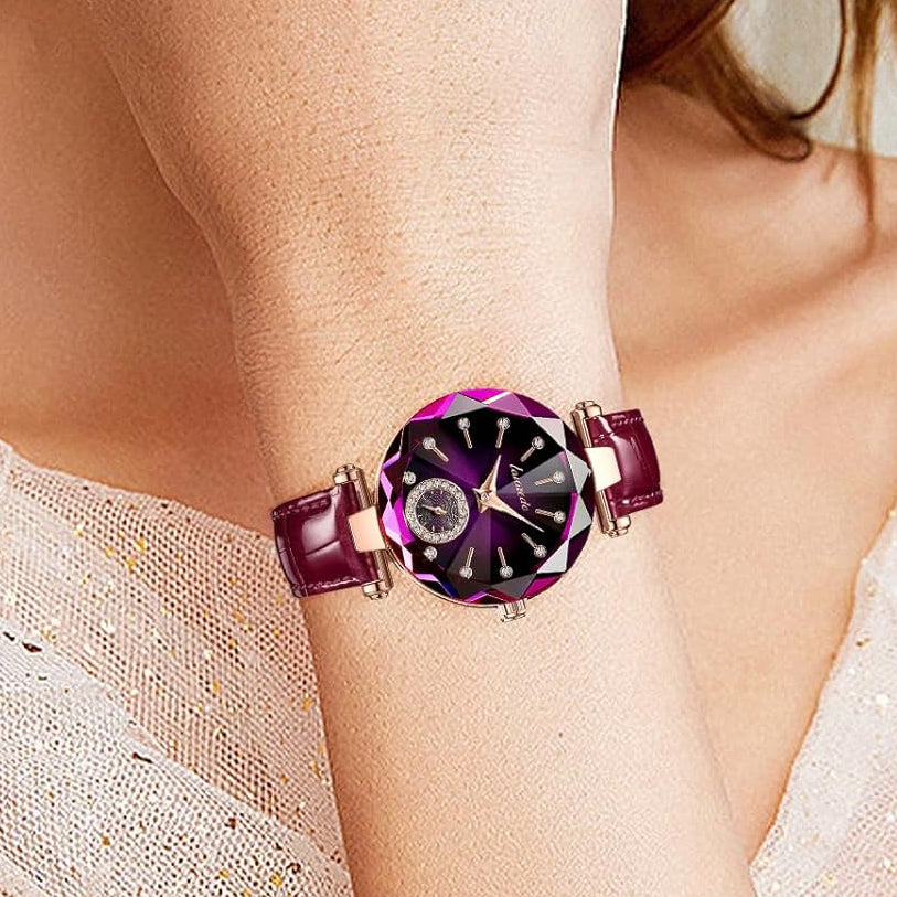 Elegant Diamond Dial Women's Leather Strap Fashion Analog Timepiece Gift Watch