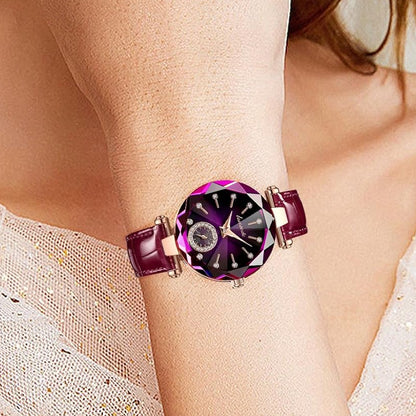 Elegant Diamond Dial Women's Leather Strap Fashion Analog Timepiece Gift Watch