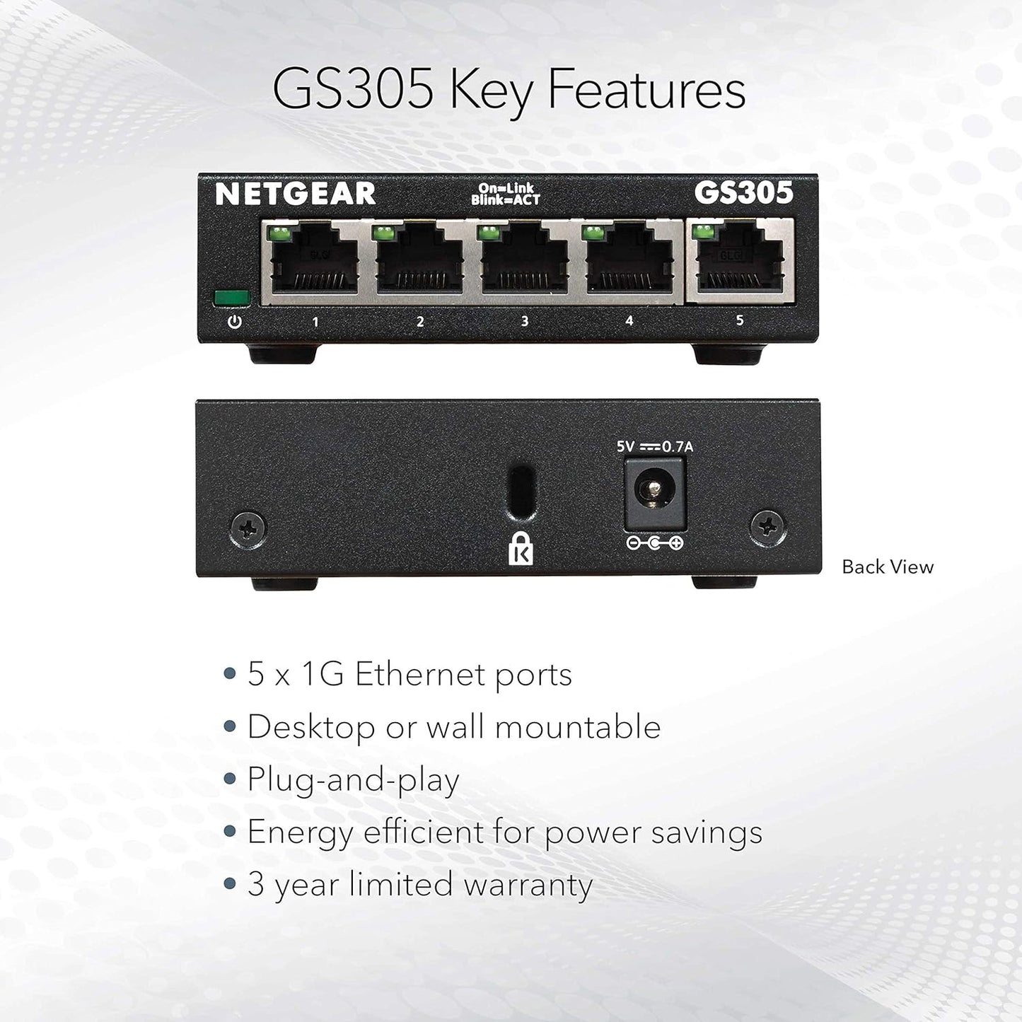 NETGEAR 5‑Port Gigabit Ethernet Unmanaged Switch – Compact Metal Hub