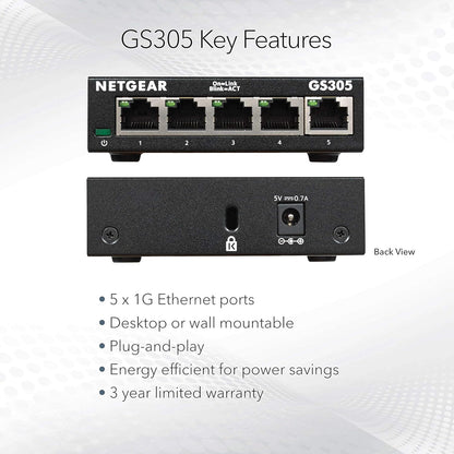 NETGEAR 5‑Port Gigabit Ethernet Unmanaged Switch – Compact Metal Hub