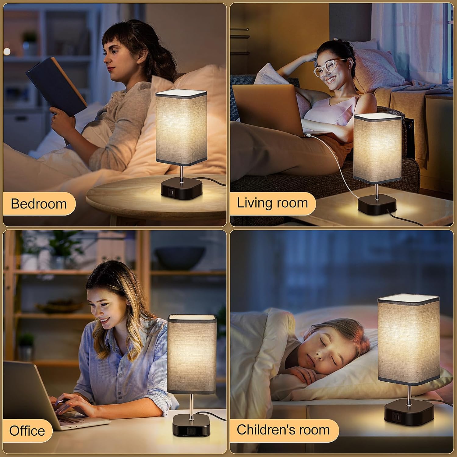 Bedside Lamps Set of 2 – Touch‑Control, USB‑C/A Charging, 3‑Way Dimmable Table Lamps with Grey Fabric Shade