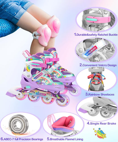 Adjustable Unicorn Rainbow Inline Skates for Girls with Luminous LED Wheels