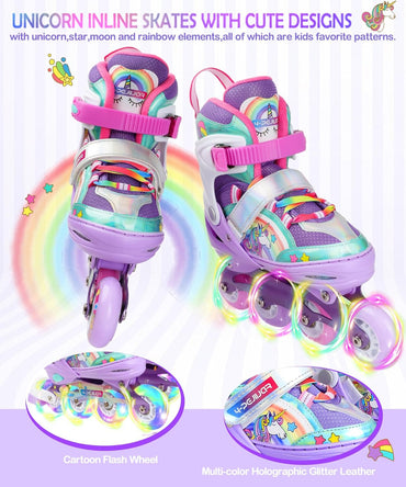 Adjustable Unicorn Rainbow Inline Skates for Girls with Luminous LED Wheels