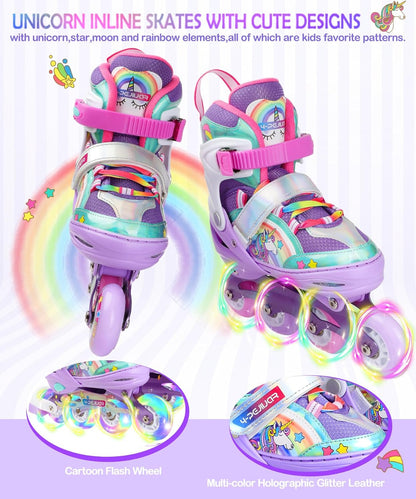 Adjustable Unicorn Rainbow Inline Skates for Girls with Luminous LED Wheels