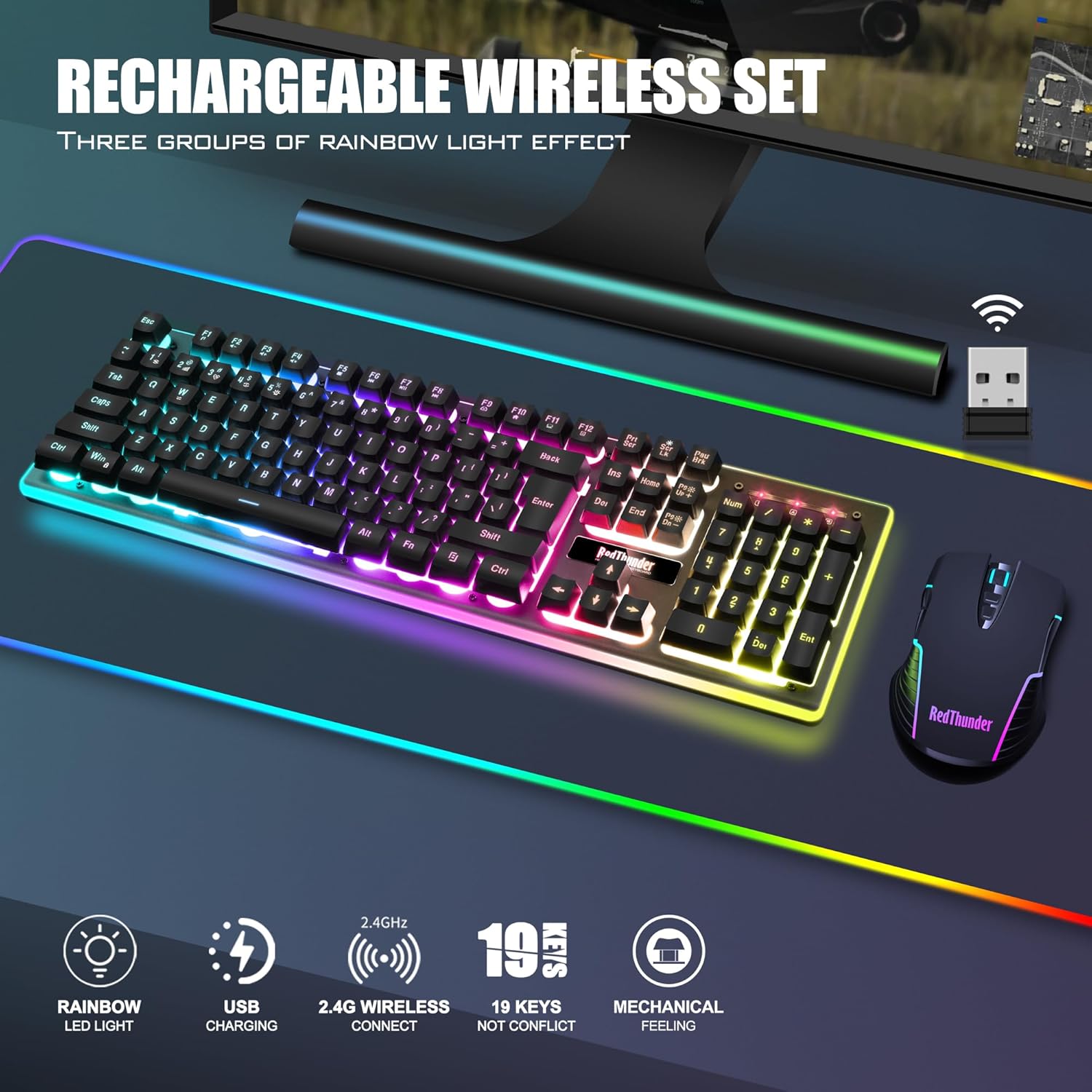 RedThunder K10 Wireless Gaming Keyboard & Mouse Combo with RGB
