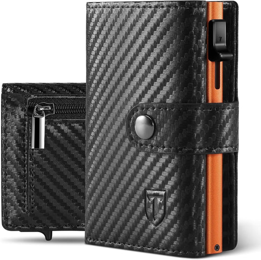 Tomylv RFID-Blocking Carbon Fiber Leather Bifold Wallet – Black/Orange