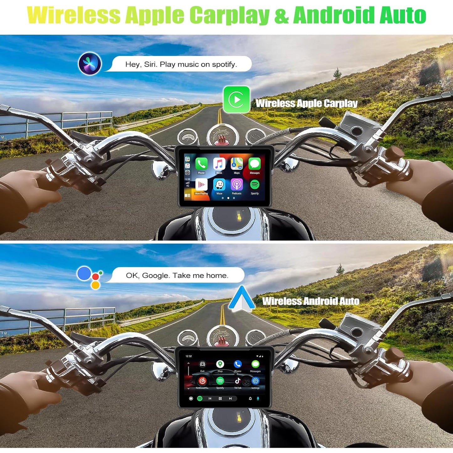 CAMECHO 5-inch Waterproof Wireless Motorcycle CarPlay Android Auto Touchscreen