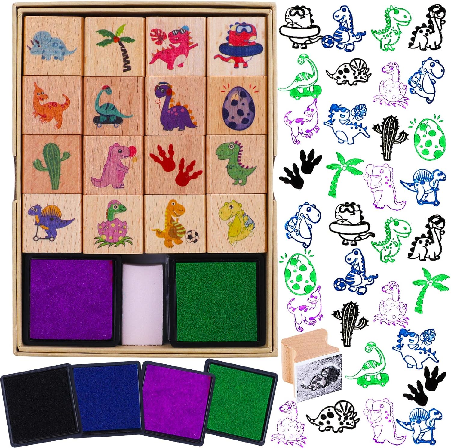HOWAF 16-Piece Wooden Dinosaur Stamp Set with 4 Ink Pads for Kids