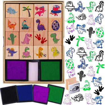 HOWAF 16-Piece Wooden Dinosaur Stamp Set with 4 Ink Pads for Kids