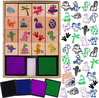 HOWAF 16-Piece Wooden Dinosaur Stamp Set with 4 Ink Pads for Kids