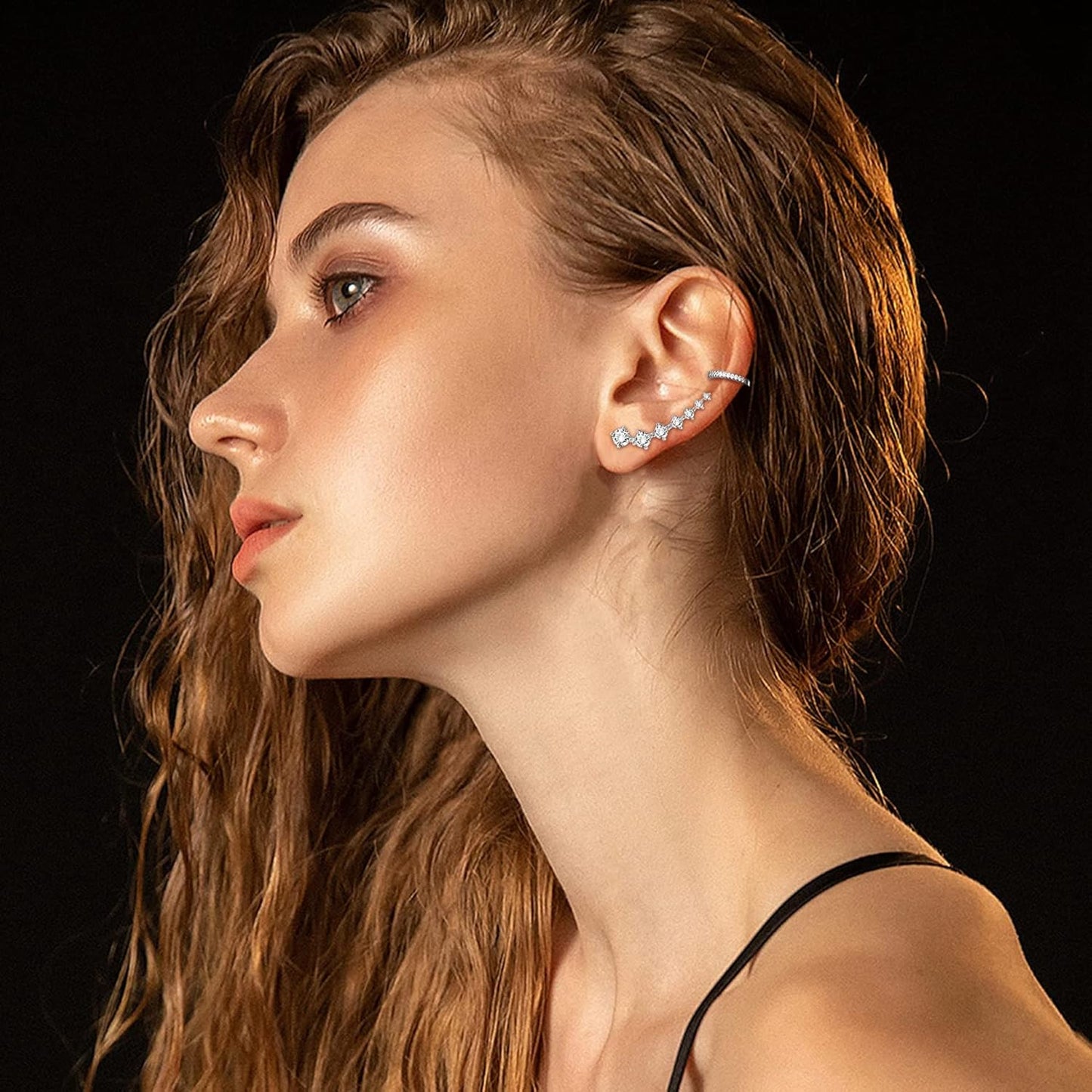 CASSIECA 6 Pairs Leaf Earring Cuff Ear Climber Cubic Zirconia Stud for Women Girls Butterfly Star CZ Ear Vine Wrap Stud Earring