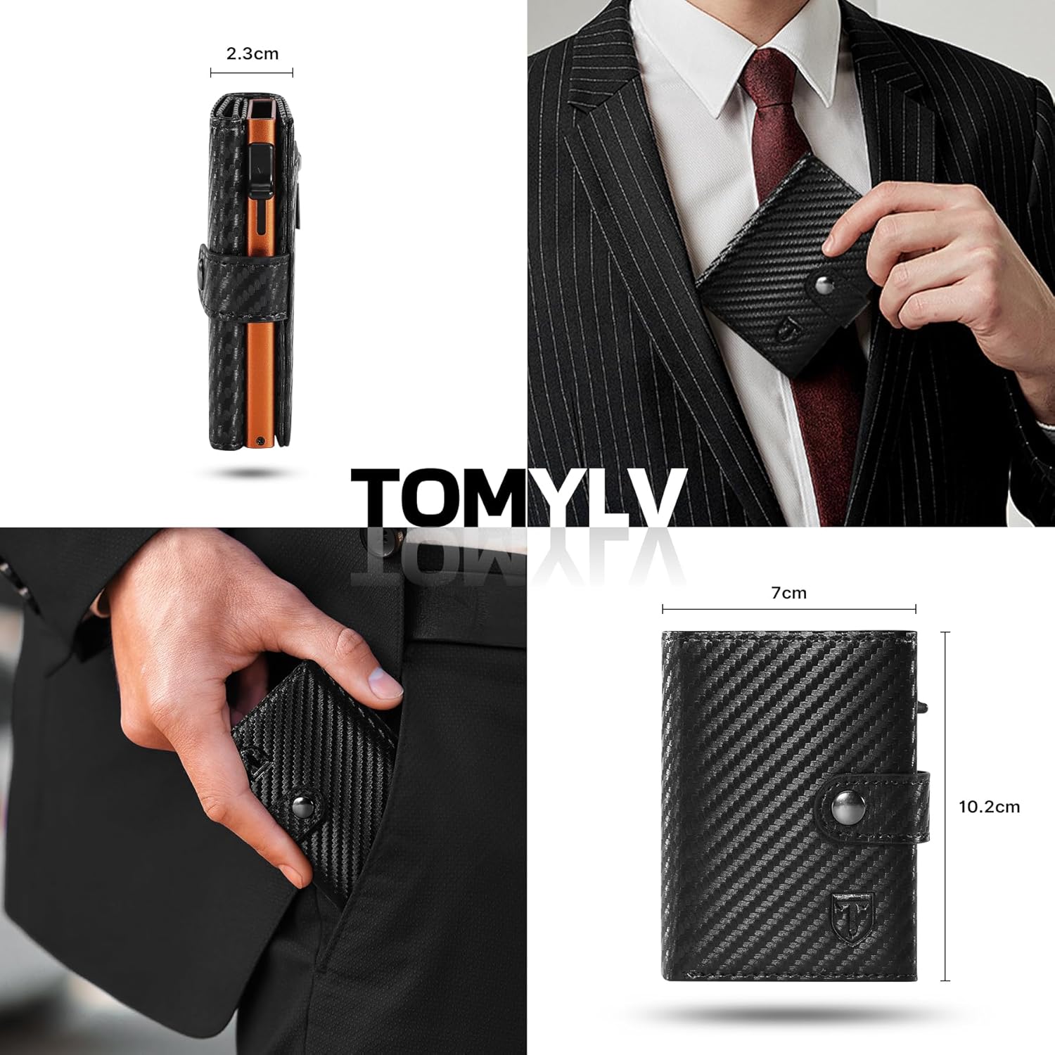 Tomylv RFID-Blocking Carbon Fiber Leather Bifold Wallet – Black/Orange