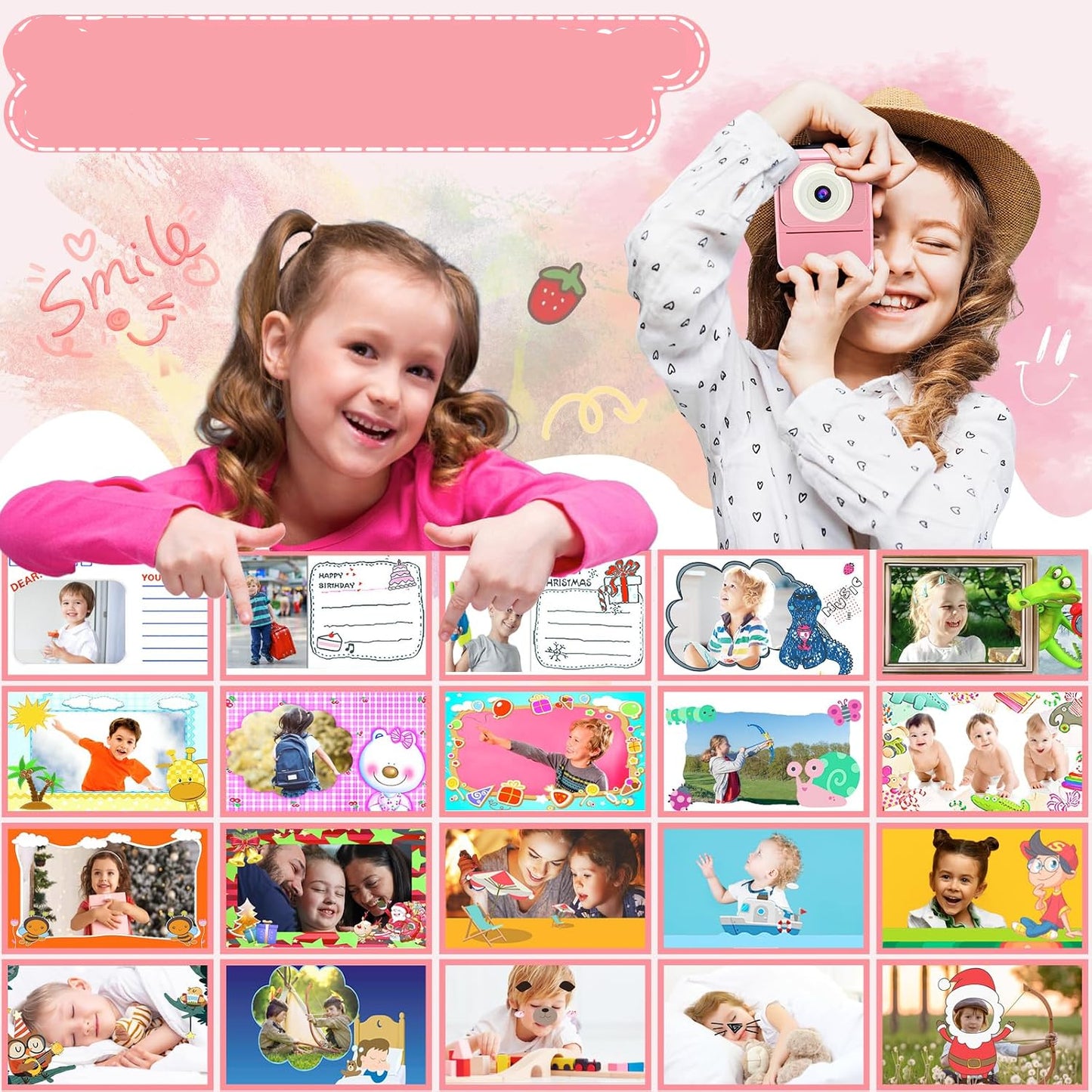 Korffe P7 Children's Instant Camera with 3 Rolls Printing Paper 32GB Card 2.4 Inch Screen 6 Coloured Pens
