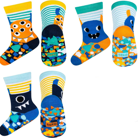 Soxo Kids Anti‑Slip Socks 3‑Pair Pack Cute Animal Designs