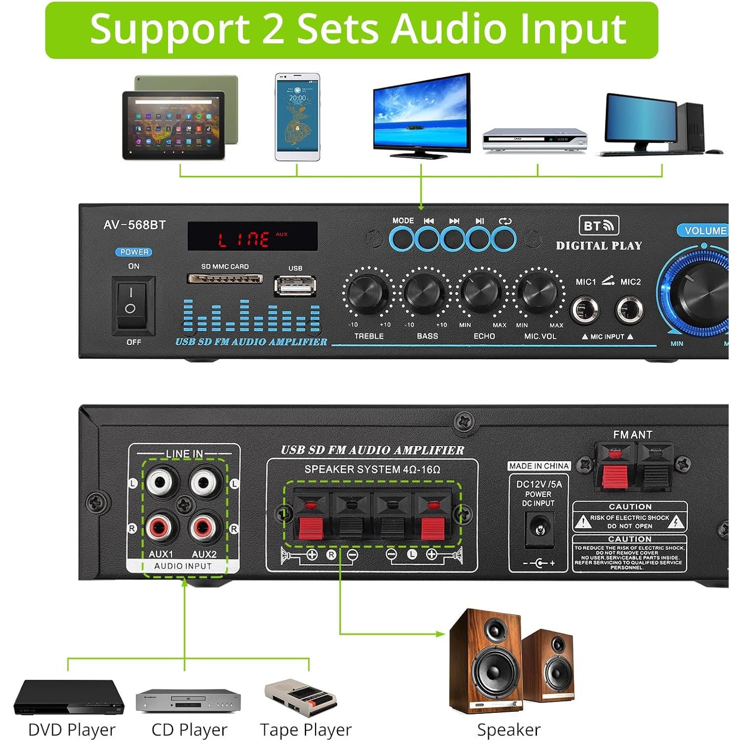 LiNKFOR 50W Dual Channel Bluetooth Stereo Amplifier with Remote