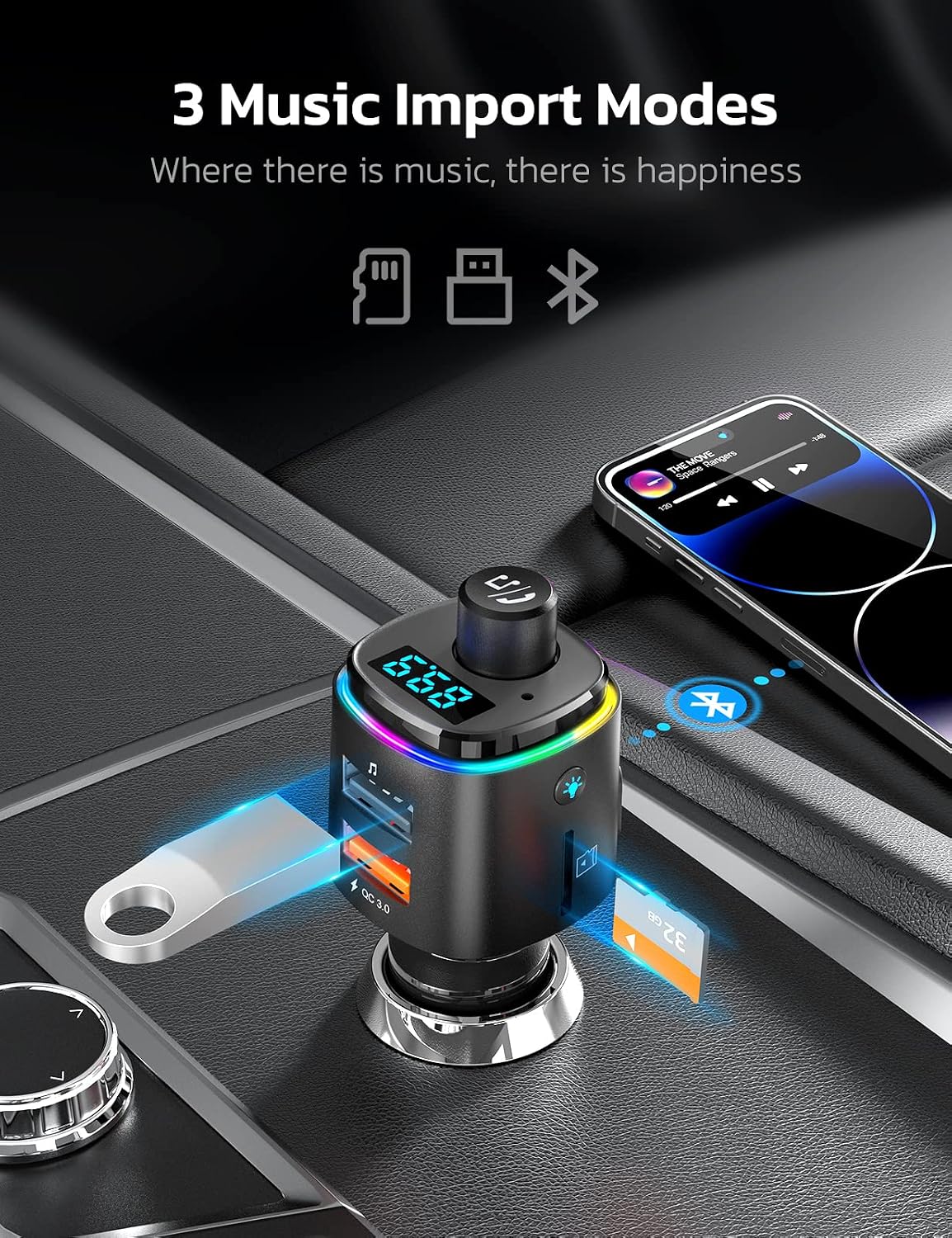 Nulaxy Bluetooth 5.0 FM Transmitter QC3.0 Car Charger Hands-Free Kit 7-Color LED Black