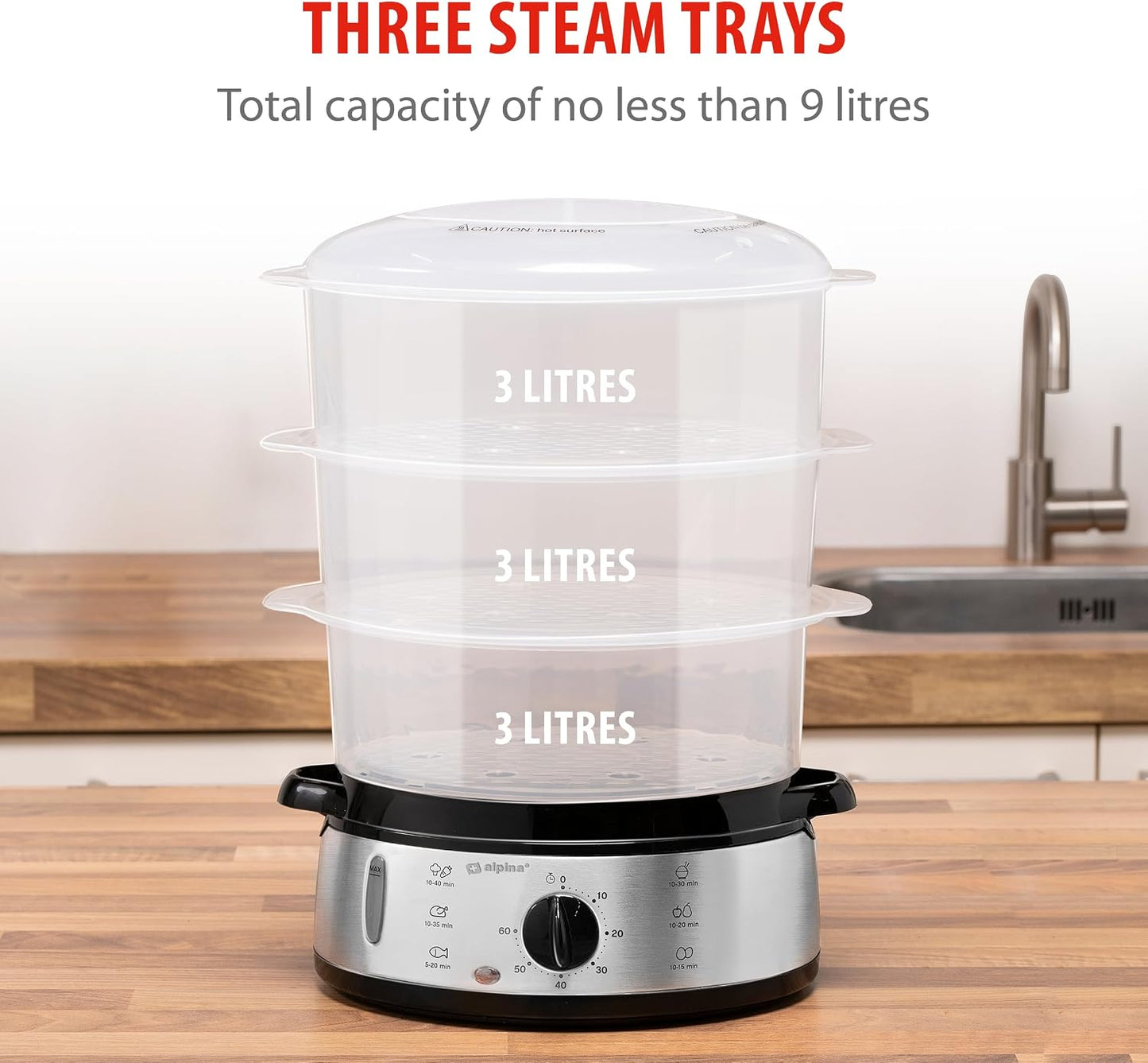 Alpina Food Steamer 230V 800W 3-Layer 9L Grey