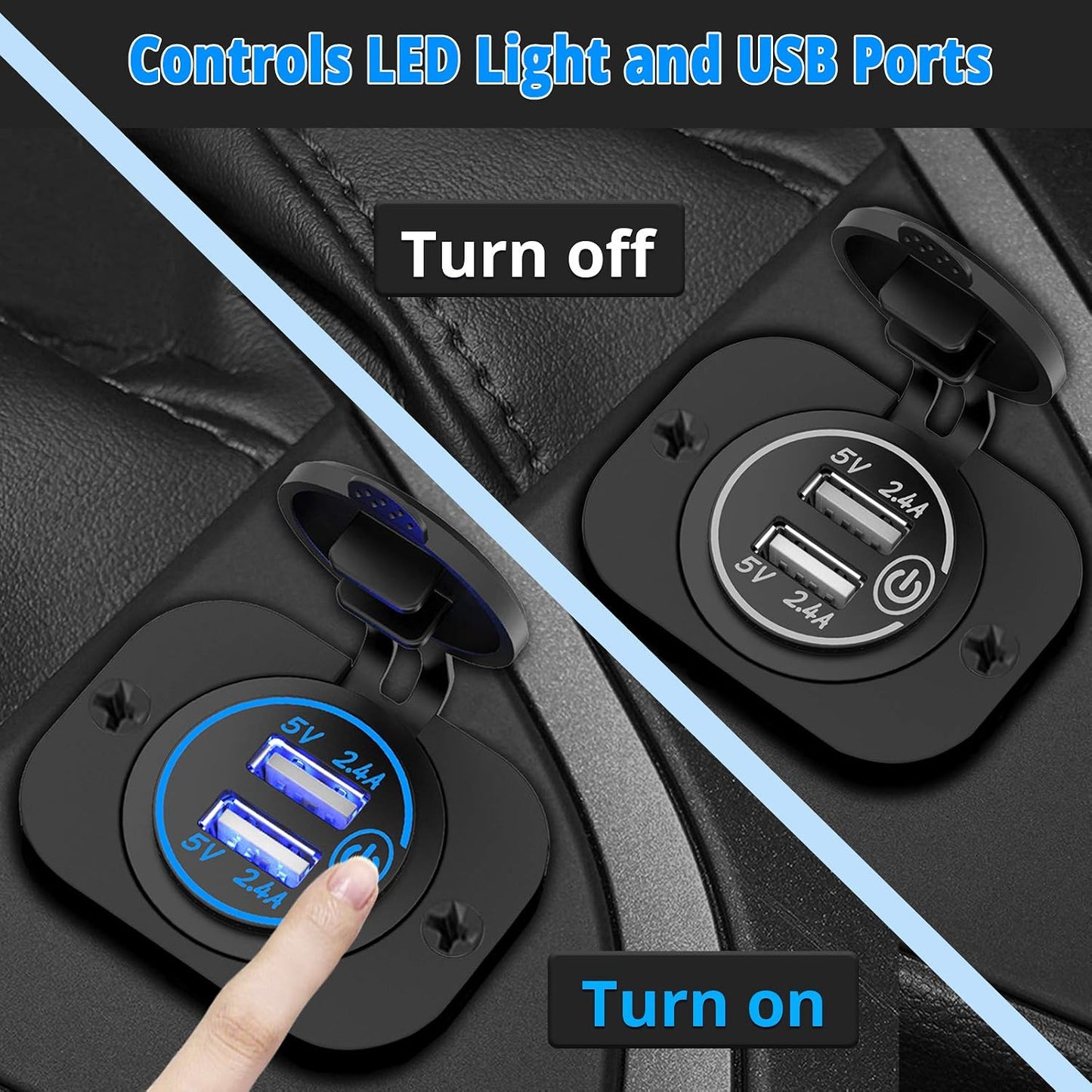 Qidoe Dual USB Socket 12V Marine Outlet with Switch Golf Cart USB Port 12 Volt DC Car Charger Mount Waterproof Cigarette Lighter Power Adapter DIY Kit Fast Charge with Blue LED for Boat Motorcycle ATV RV